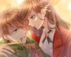 Rule 34 | 1boy, 1girl, :d, blood, brown eyes, brown hair, crying, crying with eyes open, green eyes, green jacket, grin, hair ornament, highres, jacket, long hair, long sleeves, looking at another, luke pearce (tears of themis), open mouth, qeanoya, red jacket, rosa (tears of themis), short hair, smile, tears, tears of themis, teeth