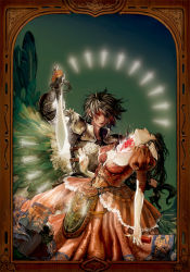 Rule 34 | 1boy, 1girl, armor, black hair, breasts, brown hair, cleavage, couple, curly hair, dress, closed eyes, feathers, frilled dress, frilled skirt, frills, hetero, long hair, original, pleated skirt, portrait (object), puffy sleeves, red eyes, short hair, skirt, sword, tomatika, weapon, wings