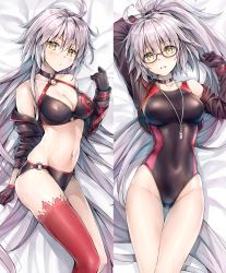 Rule 34 | 1girl, bespectacled, bikini, black bikini, black choker, black gloves, black jacket, black one-piece swimsuit, breasts, choker, cleavage, competition swimsuit, cowboy shot, cropped jacket, fate/grand order, fate (series), glasses, gloves, gluteal fold, highres, jacket, jeanne d&#039;arc alter (swimsuit berserker) (fate), jeanne d&#039;arc (fate), jeanne d&#039;arc (swimsuit archer) (second ascension) (fate), jeanne d&#039;arc alter (fate), jeanne d&#039;arc alter (swimsuit berserker) (fate), koyuki (kotatsu358), long hair, looking at viewer, medium breasts, multiple views, o-ring, o-ring bikini, o-ring bottom, o-ring top, one-piece swimsuit, red thighhighs, shrug (clothing), silver hair, single thighhigh, swimsuit, thigh gap, thighhighs, very long hair, whistle, whistle around neck, yellow eyes
