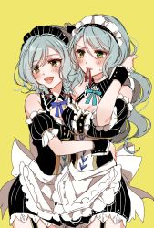 Rule 34 | 2girls, :d, apron, aqua hair, aqua neckwear, back bow, bang dream!, blue neckwear, blush, bow, braid, breasts, center frills, cleavage, commentary request, cowboy shot, detached collar, detached sleeves, dress, fangs, frills, garter straps, green eyes, hair bow, hand in own hair, hikawa hina, hikawa sayo, hug, long hair, maid, maid headdress, mamaloni, mouth hold, multiple girls, neck ribbon, open mouth, red bow, red ribbon, ribbon, ribbon in mouth, short hair, short sleeves, siblings, side braids, simple background, sisters, smile, striped, sweatdrop, twins, waist apron, white apron, wrist cuffs, yellow background