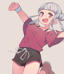 Rule 34 | 1girl, absurdres, arashi chisato, arms up, black shorts, blunt bangs, breasts, double bun, grey background, grey hair, hair bun, highres, long hair, looking at viewer, love live!, love live! superstar!!, medium breasts, open mouth, red eyes, red shirt, shimazaki1152, shirt, shoes, short shorts, shorts, simple background, solo, twintails