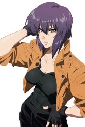 Rule 34 | 1girl, breasts, brown jacket, closed mouth, collarbone, covered erect nipples, cropped jacket, female focus, fingerless gloves, from above, ghost in the shell, gloves, hair between eyes, hand on head, hand on own hip, highres, ishii takamori, jacket, kusanagi motoko, large breasts, looking at viewer, no bra, purple hair, serious, short hair, simple background, solo, standing, upper body, white background
