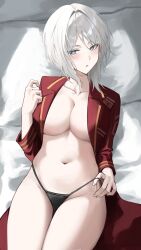 Rule 34 | 1girl, absurdres, blue eyes, breasts, breasts out, cleavage, faust (project moon), highres, jacket, large breasts, limbus company, navel, no bra, on bed, open clothes, open jacket, pillow, project moon, solo, thighs, white hair