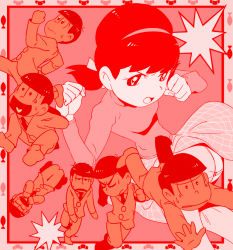 Rule 34 | 10s, 1girl, 6+boys, angry, bad id, bad pixiv id, border, doro in, falling, formal, hair ribbon, hairband, heart, heart in mouth, low twintails, matsuno choromatsu, matsuno ichimatsu, matsuno jyushimatsu, matsuno karamatsu, matsuno osomatsu, matsuno todomatsu, monochrome, multiple boys, no shoes, osomatsu-kun, osomatsu-san, plaid, plaid skirt, punching, ribbon, running, sextuplets, short twintails, skirt, solo focus, suit, turtleneck, twintails, uushanten, yowai totoko
