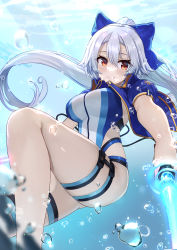 Rule 34 | 1girl, air bubble, ayul (ayulneri 92), bad id, bad pixiv id, blue bow, blue jacket, blue one-piece swimsuit, blush, bow, breasts, bubble, competition swimsuit, dual wielding, energy sword, fate/grand order, fate (series), floating hair, freediving, hair between eyes, hair bow, highleg, highleg swimsuit, highres, holding, holding sword, holding weapon, jacket, knee up, large breasts, long hair, looking at viewer, one-piece swimsuit, open clothes, open jacket, ponytail, red eyes, short sleeves, silver hair, smile, solo, swimsuit, sword, thigh strap, thighs, tomoe gozen (fate), tomoe gozen (swimsuit saber) (fate), tomoe gozen (swimsuit saber) (first ascension) (fate), two-tone swimsuit, underwater, very long hair, water, weapon, white one-piece swimsuit