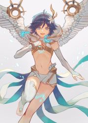 Rule 34 | 1boy, alca8811, alternate costume, androgynous, barefoot, black hair, blue eyes, blue hair, braid, bridal gauntlets, bridal legwear, capelet, chest tattoo, commentary, crop top, elbow gloves, english commentary, feathered wings, flower, genshin impact, gloves, glowing, glowing hair, gradient hair, hair flower, hair ornament, hand on own chest, highres, hood, hood down, hooded capelet, leg tattoo, looking at viewer, male focus, midriff, multicolored hair, navel, open mouth, short hair with long locks, shorts, simple background, single thighhigh, sleeveless, smile, solo, symbol-only commentary, tattoo, thighhighs, twin braids, venti (archon) (genshin impact), venti (genshin impact), white background, white flower, white shorts, white thighhighs, wings