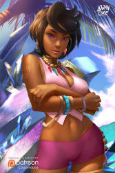 Rule 34 | 1girl, black hair, breasts, cleavage, creatures (company), curvy, dark-skinned female, dark skin, day, earrings, game freak, gold trim, highres, island kahuna, jewelry, lips, logan cure, looking at viewer, medium breasts, nail polish, navel, neck ring, necklace, nintendo, olivia (pokemon), outdoors, palm tree, parted lips, pokemon, pokemon sm, purple eyes, short hair, solo, source request, standing, thick thighs, thighs, tree