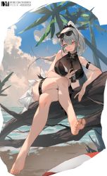 Rule 34 | 1girl, absurdres, aether gazer, arm strap, bare legs, barefoot, beach, blue eyes, blush, bottle, breasts, crossed legs, dm (dai miao), earrings, eyewear on head, feet, floating hair, full body, grey hair, hair ornament, hair scrunchie, heterochromia, highres, holding, holding bottle, in tree, jewelry, kotachi (aether gazer), large breasts, long hair, outdoors, parted lips, ponytail, red eyes, scrunchie, sitting, sitting in tree, solo, sunglasses, thigh strap, tree