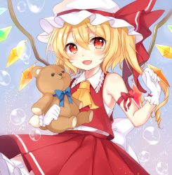 Rule 34 | 1girl, adapted costume, ascot, bare shoulders, blonde hair, blush, bubble, fangs, flandre scarlet, gloves, highres, open mouth, paragasu (parags112), red eyes, side ponytail, sleeveless, solo, stuffed animal, stuffed toy, teddy bear, touhou, wings