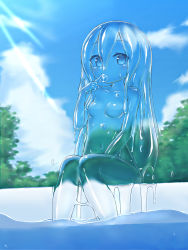 Rule 34 | 1girl, breasts, curss, eating, highres, ice, ice cube, liquid, long hair, looking at viewer, monster girl, navel, original, pool, poolside, see-through body, sitting, sky, slime (substance), slime girl, small breasts, soaking feet, solo, water