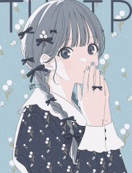 Rule 34 | 1girl, black bow, black eyes, black shirt, blue background, blue nails, bow, braid, choppy bangs, commentary, covering own mouth, grey hair, hair bow, hair over shoulder, highres, long bangs, long hair, long sleeves, looking at viewer, low twin braids, mosuko, nail polish, original, own hands together, shirt, sidelocks, simple background, solo, symbol-only commentary, twin braids, upper body
