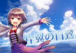 Rule 34 | 1girl, bird, cloud, day, dress, jacket, kishin sagume, long sleeves, looking at viewer, open mouth, outstretched arms, red eyes, short hair, silver hair, single wing, sky, smile, solo, touhou, uemura shun, water, wings