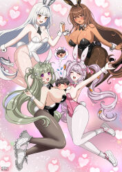 4girls :d alice_(nikke) alice_(wonderland_bunny)_(nikke) animal_ears antenna_hair ascot black_ascot black_bow black_bowtie black_footwear black_leotard black_nails blanc_(nikke) blush bowtie breasts brown_eyes brown_hair brown_pantyhose carrot_hair_ornament character_doll cleavage closed_eyes commander_(nikke) dark-skinned_female dark_skin detached_collar fake_animal_ears fake_tail fishnet_pantyhose fishnets food-themed_hair_ornament goddess_of_victory:_nikke green_hair hair_between_eyes hair_intakes hair_ornament heart heart_antenna_hair high_heels highleg highleg_leotard hoshiberuu huge_breasts large_breasts leotard long_hair medium_breasts multiple_girls nail_polish noir_(nikke) open_mouth pantyhose pink_bow pink_bowtie pink_eyes pink_hair pink_leotard playboy_bunny rabbit_ears rabbit_tail shoes sidelocks smile sneakers socks soda_(nikke) soda_(twinkling_bunny)_(nikke) strapless strapless_leotard tail twintails very_long_hair white_hair white_leotard white_pantyhose white_socks wrist_cuffs yellow_eyes