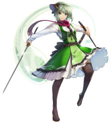Rule 34 | 1girl, adapted costume, bad id, bad pixiv id, black footwear, black ribbon, black thighhighs, breasts, buttons, center frills, closed mouth, dress, frills, fringe trim, full body, green dress, green eyes, green hair, hair ribbon, hairband, hitodama, holding, holding sword, holding weapon, katana, konpaku youmu, konpaku youmu (ghost), lens flare, light smile, long sleeves, looking at viewer, matching hair/eyes, medium breasts, outstretched arms, pinafore dress, ribbon, ribbon-trimmed dress, scarf, scottie (phantom2), sheath, shirt, shoes, short hair, silver hair, simple background, sleeveless dress, solo, standing, standing on one leg, sword, thighhighs, touhou, unsheathed, weapon, white background, white shirt