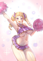 Rule 34 | 1girl, arm up, armpits, blonde hair, blue eyes, bow, bow (bhp), breasts, cheerleader, crop top, crop top overhang, drill hair, fang, hair bow, large breasts, looking at viewer, microskirt, navel, open mouth, original, panties, pom pom (cheerleading), shiny skin, skirt, smile, solo, sweat, twin drills, underboob, underwear