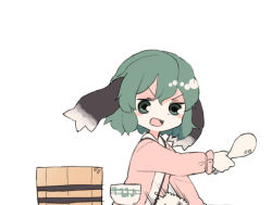 Rule 34 | 1girl, :d, animal ears, blush stickers, bowl, dog ears, failure, food, from side, green eyes, green hair, hand up, holding, holding spoon, jitome, kasodani kyouko, long sleeves, looking at viewer, motion lines, musical note, musical note print, ohitsu, open mouth, rice, rice bowl, shamoji, short hair, simple background, smile, solo, spoon, touhou, upper body, v-shaped eyebrows, white background, yunuki uta