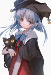 Rule 34 | 1girl, absurdres, blue hair, blush, bow, bowtie, capelet, dress, expressionless, grey eyes, hat, highres, holding, holding stuffed toy, jester cap, looking at viewer, nagamerin, nanashi no shoujo, red dress, scythe, simple background, solo, stuffed animal, stuffed cat, stuffed toy, suika (visual novel), white background
