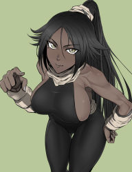 Rule 34 | 1girl, anegawa eiji, arm warmers, bad id, bad pixiv id, bare shoulders, black hair, black pants, bleach, breasts, closed mouth, dark-skinned female, dark skin, detached sleeves, green background, hair ornament, hair scrunchie, halterneck, hand on own hip, large breasts, leaning forward, long hair, looking at viewer, pants, parted bangs, pointing, ponytail, sash, scarf, scrunchie, shihouin yoruichi, sideboob, simple background, smile, solo, thighs, yellow eyes