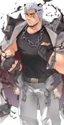 Rule 34 | 1boy, absurdres, animal ears, arknights, bandaged hand, bandages, bara, belt, black belt, black tank top, blue eyes, chain necklace, extra ears, facial hair, feet out of frame, goatee, highres, humanization, long sideburns, looking at viewer, male focus, mature male, mountain (arknights), muscular, muscular male, necklace, pants, pectorals, sak (sakarov ), scar, scar across eye, scar on face, short hair, shoulder spikes, sideburns, slit pupils, solo, spikes, tank top, tiger boy, tiger ears, white hair, white pants