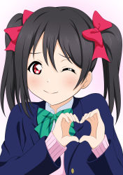 Rule 34 | 1girl, absurdres, artist name, artist request, black hair, blush, bow, closed mouth, female focus, hair between eyes, hair bow, heart, highres, love live!, love live! school idol project, one eye closed, otonokizaka school uniform, red eyes, simple background, smile, solo, twintails, white background, yazawa nico