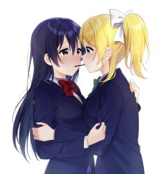 Rule 34 | 2girls, ayase eli, blonde hair, blue eyes, blue hair, blush, commentary request, eye contact, food, food in mouth, hair ribbon, highres, holding, holding food, holding pocky, incoming pocky kiss, long hair, looking at another, love live!, love live! school idol project, mouth hold, multiple girls, nanatsu no umi, otonokizaka school uniform, pocky, pocky day, pocky in mouth, ponytail, ribbon, school uniform, shared food, simple background, sonoda umi, staring, staring contest, upper body, white background, winter uniform, yuri