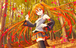 Rule 34 | 1girl, :d, aki miku, alternate hair color, autumn leaves, black thighhighs, detached sleeves, floating hair, forest, hatsune miku, highres, leaf, long hair, looking back, matching hair/eyes, nature, necktie, open mouth, orange eyes, orange hair, oshou, pleated skirt, skirt, smile, solo, thighhighs, tree, twintails, very long hair, vocaloid, zettai ryouiki