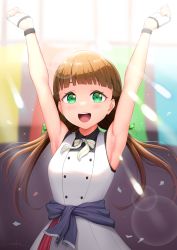 Rule 34 | 1girl, armpits, blunt bangs, blush, breasts, brown hair, commentary, confetti, fingerless gloves, gloves, green eyes, highres, long hair, looking at viewer, love live!, love live! superstar!!, low twintails, medium breasts, sakurakoji kinako, smile, solo, twintails, unsfrau, upper body