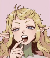 Rule 34 | 1girl, blonde hair, blue eyes, bright pupils, dungeon meshi, elf, finger to tongue, fleki, gorget, long hair, messy hair, nail polish, notched ear, open mouth, pink background, pointy ears, portrait, sidelocks, signature, tamaki26j, uneven eyes, wavy hair, white pupils