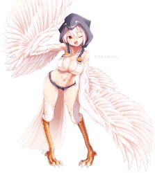 Rule 34 | 1girl, abs, absurdres, albalebiyu (master nabesama), bare shoulders, bird legs, bird tail, breasts, character name, detached hood, feathered wings, feathers, full body, hair between eyes, harpy, highres, hood, hood up, master nabesama, medium breasts, micro shorts, midriff, monster girl, muscular, muscular female, navel, one eye closed, open mouth, original, red eyes, short hair, shorts, simple background, solo, tail, talons, teeth, upper teeth only, white background, white feathers, white hair, winged arms, wings