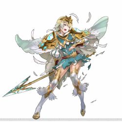 Rule 34 | 1girl, blonde hair, blue eyes, blue hair, cape, concept art, crown, earrings, feather trim, feathers, fire emblem, fire emblem heroes, fjorm (fire emblem), full body, gradient hair, highres, jewelry, long sleeves, multicolored hair, nintendo, polearm, short hair, simple background, spear, thighhighs, weapon, white background