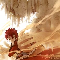 Rule 34 | 10s, 1boy, 2013, character name, dated, closed eyes, facial mark, fingerless gloves, gaara (naruto), gloves, gourd, happy birthday, lowres, male focus, naruto, naruto (series), red hair, sand, short hair, solo, yosakuh