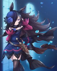 Rule 34 | 1girl, animal ears, black hair, black thighhighs, blue flower, blue hat, blue rose, bow, closed mouth, dagger, dress, dress bow, flipped hair, flower, fur collar, hair over one eye, hat, hat flower, highres, horse ears, horse girl, horse tail, knife, lace, lace-trimmed legwear, lace trim, long hair, long sleeves, looking at viewer, mofa mao jiao, off-shoulder dress, off shoulder, petals, purple eyes, rice shower (umamusume), rose, scabbard, sheath, sheathed, short dress, smile, solo, spiked hair, tail, thighhighs, tilted headwear, tucking hair, umamusume, weapon
