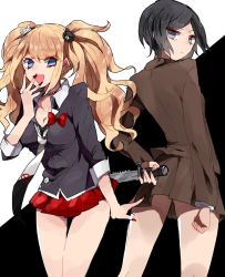 Rule 34 | 2girls, arms behind back, bear hair ornament, black background, black hair, blonde hair, blue eyes, breasts, brown jacket, brown skirt, cleavage, combat knife, danganronpa: trigger happy havoc, danganronpa (series), enoshima junko, fake nails, fingernails, freckles, grey eyes, hair ornament, highres, ikusaba mukuro, jacket, knife, looking back, multiple girls, nail polish, necktie, open mouth, red nails, school uniform, siblings, simple background, sisters, skirt, twins, twintails, two-tone background, weapon, white background