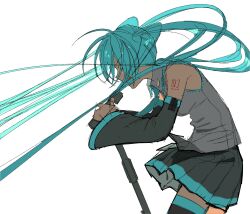 1girl aqua_hair arm_tattoo cowboy_shot detached_sleeves floating_hair hatsune_miku highres holding holding_microphone holding_microphone_stand microphone microphone_stand music natwjeq number_tattoo open_mouth profile simple_background singing skirt solo tattoo twintails vocaloid white_background