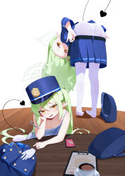 Rule 34 | 2girls, absurdres, backpack, bag, bent over, blue archive, blue hat, blue jacket, blue skirt, cellphone, chinese commentary, clipboard, coffee, coffee cup, collarbone, commentary request, cup, demon tail, disposable cup, feet, flat chest, forehead, gloves, green hair, halo, hat, hikari (blue archive), nozomi (blue archive), highres, jacket, light blush, long hair, looking at viewer, mitsukage three, multiple girls, open mouth, orange eyes, panties, panties under pantyhose, pantyhose, phone, pleated skirt, pointy ears, sitting, skirt, smartphone, smile, standing, table, tail, tail raised, tank top, toes, underwear, undressing, unworn backpack, unworn bag, unworn gloves, unworn jacket, very long hair, white gloves, white panties, white pantyhose, white tank top, wooden floor, wooden table