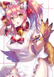 Rule 34 | 1girl, absurdres, alternate costume, animal ear fluff, animal ears, animal hands, apron, bell, blush, breasts, cat hair ornament, collar, enmaided, fate/grand order, fate (series), fox ears, fox tail, gloves, hair ornament, hair ribbon, hand in own hair, highres, large breasts, long hair, looking at viewer, maid, maid apron, maid headdress, mochiko (mocchikkoo), naked apron, neck bell, open mouth, paw gloves, pink hair, ponytail, ribbon, sideboob, solo, tail, tamamo (fate), tamamo cat (fate), tamamo cat (third ascension) (fate), white apron, yellow eyes