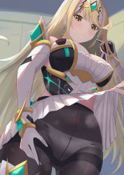 Rule 34 | 1girl, absurdres, blonde hair, breasts, cleavage cutout, clothing cutout, dangle earrings, dress, earrings, elbow gloves, gloves, gluteal fold, highres, impossible clothes, jewelry, large breasts, long hair, microskirt, mythra (massive melee) (xenoblade), mythra (xenoblade), nintendo, panties, panties under pantyhose, pantyhose, shiratamaaji, short dress, skindentation, skirt, sleeveless, sleeveless dress, steam, super smash bros., swept bangs, thigh strap, thighs, tiara, underwear, upskirt, very long hair, white dress, white skirt, xenoblade chronicles (series), xenoblade chronicles 2, yellow eyes