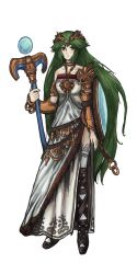 Rule 34 | 1girl, green eyes, green hair, highres, jewelry, kid icarus, long hair, lots of jewelry, matching hair/eyes, nintendo, off shoulder, official art, palutena, shield, solo, staff, thighhighs, tiara, very long hair