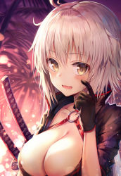 Rule 34 | 1girl, ahoge, bikini, black bikini, black gloves, black jacket, blush, breasts, check commentary, choker, cleavage, collarbone, commentary request, fate/grand order, fate (series), from side, gloves, hair between eyes, huwari (dnwls3010), jacket, jeanne d&#039;arc alter (swimsuit berserker) (fate), jeanne d&#039;arc (fate), jeanne d&#039;arc alter (fate), jeanne d&#039;arc alter (swimsuit berserker) (fate), katana, large breasts, long hair, looking at viewer, o-ring, open mouth, outdoors, pale skin, palm tree, revision, sheath, shrug (clothing), silver hair, solo, sunset, swimsuit, sword, tree, upper body, very long hair, wavy mouth, weapon, yellow eyes
