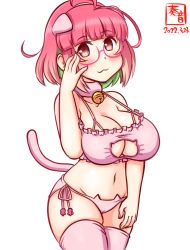 Rule 34 | :3, ahoge, alternate costume, animal ears, artist logo, bell, bra, breasts, cat cutout, cat ear panties, cat ears, cat lingerie, cat tail, cleavage, cleavage cutout, clothing cutout, commentary request, cowboy shot, dated, frilled bra, frills, green hair, jingle bell, kanon (kurogane knights), kantai collection, large breasts, meme attire, multicolored hair, one-hour drawing challenge, panties, paw print, pink-framed eyewear, pink bra, pink hair, pink panties, pink thighhighs, ponytail, red eyes, short hair, side-tie panties, simple background, smile, streaked hair, tail, thighhighs, ume (kancolle), underwear, underwear only, white background