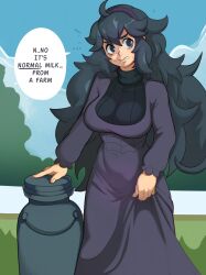 Rule 34 | 1girl, @ @, alternate breast size, angry, bags under eyes, black hair, breasts, commentary, creatures (company), dress, english commentary, game freak, hairband, hex maniac (pokemon), highres, jug (bottle), large breasts, long hair, messy hair, milkmountain, nintendo, pokemon, pokemon xy, purple hairband, solo, turtleneck, turtleneck dress