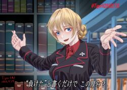 Rule 34 | 1girl, alternate costume, artist name, black jacket, blonde hair, blue eyes, blurry, blurry background, braid, commentary, darjeeling (girls und panzer), dated, depth of field, dress shirt, girls und panzer, highres, indoors, insignia, jacket, kuromorimine military uniform, library, long sleeves, looking at viewer, military uniform, open mouth, outstretched arms, red shirt, shirt, short hair, smile, solo, spread arms, tigern (tigern28502735), translated, twin braids, twitter username, uniform, wing collar