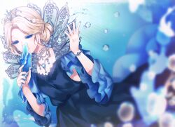 Rule 34 | 1girl, air bubble, blonde hair, blue dress, blue eyes, blue gemstone, blue nails, blue sclera, blurry, bracelet, braid, bubble, colored sclera, covering own mouth, dress, dutch angle, earrings, feet out of frame, french braid, frilled sleeves, frills, gem, hair bun, hand fan, highres, holding, holding fan, identity v, jewelry, looking at viewer, mary (identity v), necklace, official alternate costume, parted bangs, ponita, single hair bun, sleeves past elbows, smile, solo, supportasse, tiara, water