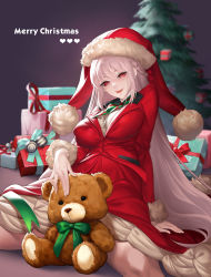 Rule 34 | 1girl, braid, breasts, commentary request, fate/grand order, fate (series), fengyin shici guozi, florence nightingale (fate), florence nightingale (santa) (fate), gift, green ribbon, hair ribbon, hat, highres, jacket, large breasts, long hair, looking at viewer, pink hair, red eyes, red hat, red jacket, red ribbon, ribbon, santa hat, skirt, smile, solo, stuffed animal, stuffed toy, teddy bear, tree