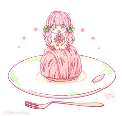 Rule 34 | 1girl, :d, bow, chibi, dress, food, food request, green bow, green eyes, hair bow, in food, long hair, looking at viewer, mini person, minigirl, momomochi, multicolored hair, open mouth, original, petals, pink hair, plate, shoe soles, shoes, short sleeves, signature, sitting, smile, solo, streaked hair, twintails, white background, yellow dress