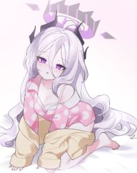 Rule 34 | 1girl, ahoge, black horns, blue archive, blush, breasts, cleavage, collarbone, demon horns, grey hair, halo, hina (blue archive), hina (pajamas) (blue archive), horns, jacket, kneeling, long hair, long sleeves, looking at viewer, multiple horns, nyaco (77699199), official alternate costume, pajamas, parted lips, pink pajamas, polka dot, polka dot pajamas, purple eyes, simple background, small breasts, solo, white background, yellow jacket