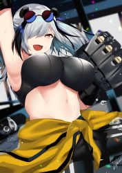 Rule 34 | 1girl, :d, animal ears, arknights, arm up, armpits, black hair, breasts, clothes around waist, commentary request, crop top, eyewear on head, feater (arknights), feater (dojo star) (arknights), hair over one eye, highres, j.moon, jacket, jacket around waist, large breasts, long hair, looking at viewer, mechanical arms, midriff, multicolored hair, official alternate costume, open mouth, panda ears, signature, silver hair, single mechanical arm, smile, solo, sports bra, stomach, streaked hair, sunglasses, thick eyebrows, yellow eyes, yellow jacket