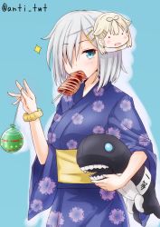 Rule 34 | 10s, 1girl, abyssal ship, anti (untea9), blue background, blue eyes, character doll, character mask, food in mouth, hair ornament, hair over one eye, hairclip, hamakaze (kancolle), highres, i-class destroyer, japanese clothes, kantai collection, kimono, looking at viewer, mask, scrunchie, short hair, silver hair, simple background, sparkle, twitter username, water yoyo, wrist scrunchie, yuudachi (kancolle)