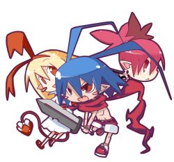 Rule 34 | 1boy, 2girls, antenna hair, bad id, bad pixiv id, belt, blonde hair, blue hair, blush stickers, bracelet, demon tail, disgaea, etna (disgaea), fang, flonne, hairband, jewelry, katsudansou, laharl, long hair, multiple girls, navel, open mouth, pectorals, pointy ears, red hair, red scarf, red shorts, scarf, short hair, shorts, sword, tail, twintails, weapon, white background