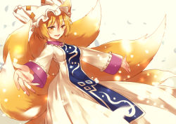 Rule 34 | 1girl, animal ears, animal hat, blonde hair, blue eyes, blush, breasts, brooch, collar, commentary request, dress, fluffy, fox tail, frilled collar, frilled sleeves, frills, full body, glowing, hair between eyes, hands up, hat, jewelry, kirisita, kitsune, large breasts, light, light particles, long sleeves, looking at viewer, mob cap, multiple tails, ofuda, one-hour drawing challenge, open mouth, outstretched arms, outstretched hand, short hair, sidelocks, solo, tabard, tail, tassel, teeth, tongue, touhou, upper teeth only, white dress, white hat, wide sleeves, yakumo ran